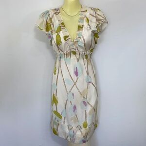 BCBG MAXAZRIA Dress Silk Ruffle Light Floral Midi Excellent Sz Sm